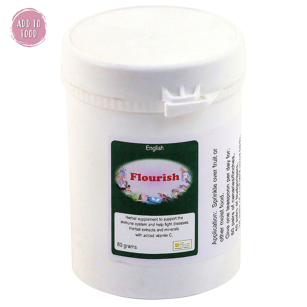 Flourish 80g immune system booster powder for parrots and pet birds – immune support supplement with vitamins and minerals.