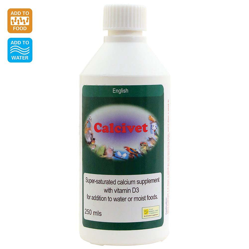 Calcivet 250ml liquid calcium and vitamin D3 supplement for parrots – supports bone strength, eggshell health, and feather condition