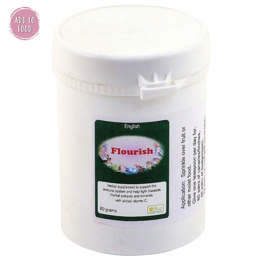 Flourish 80g immune system booster powder for parrots and pet birds – immune support supplement with vitamins and minerals.